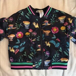 Disney ily Floral and Teacup Patterned Bomber Jacket Sz 4 New Without Tags